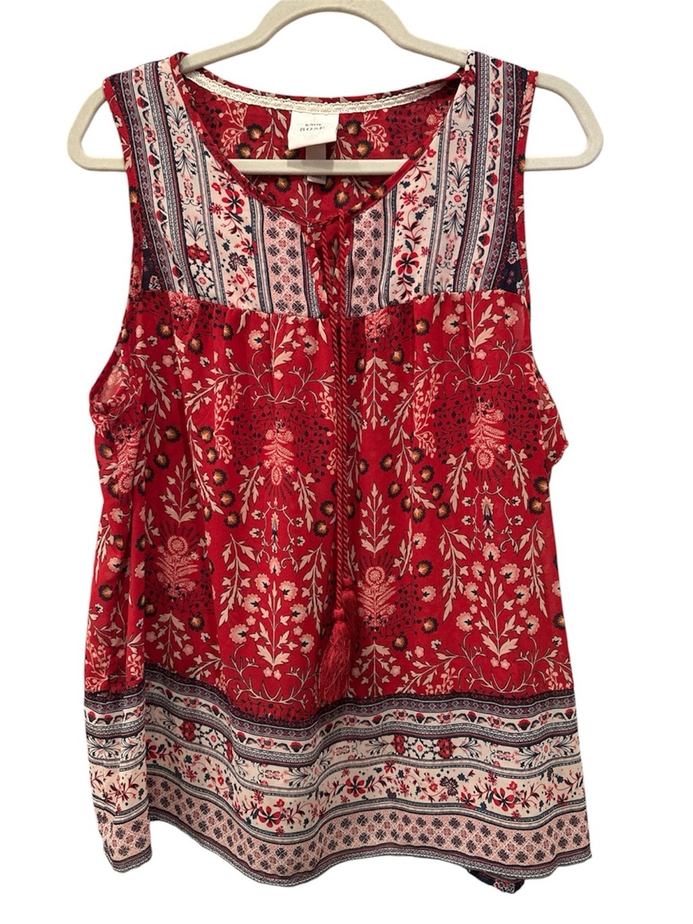 Sleeveless Red Floral Boho Tank Top Tassels Lightweight Summer Blouse Sz L